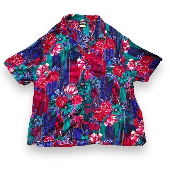 Vintage Bon Worth Shirt Colorful Pink Floral Abstract Color Block Short Sleeve - Picture 6 of 10